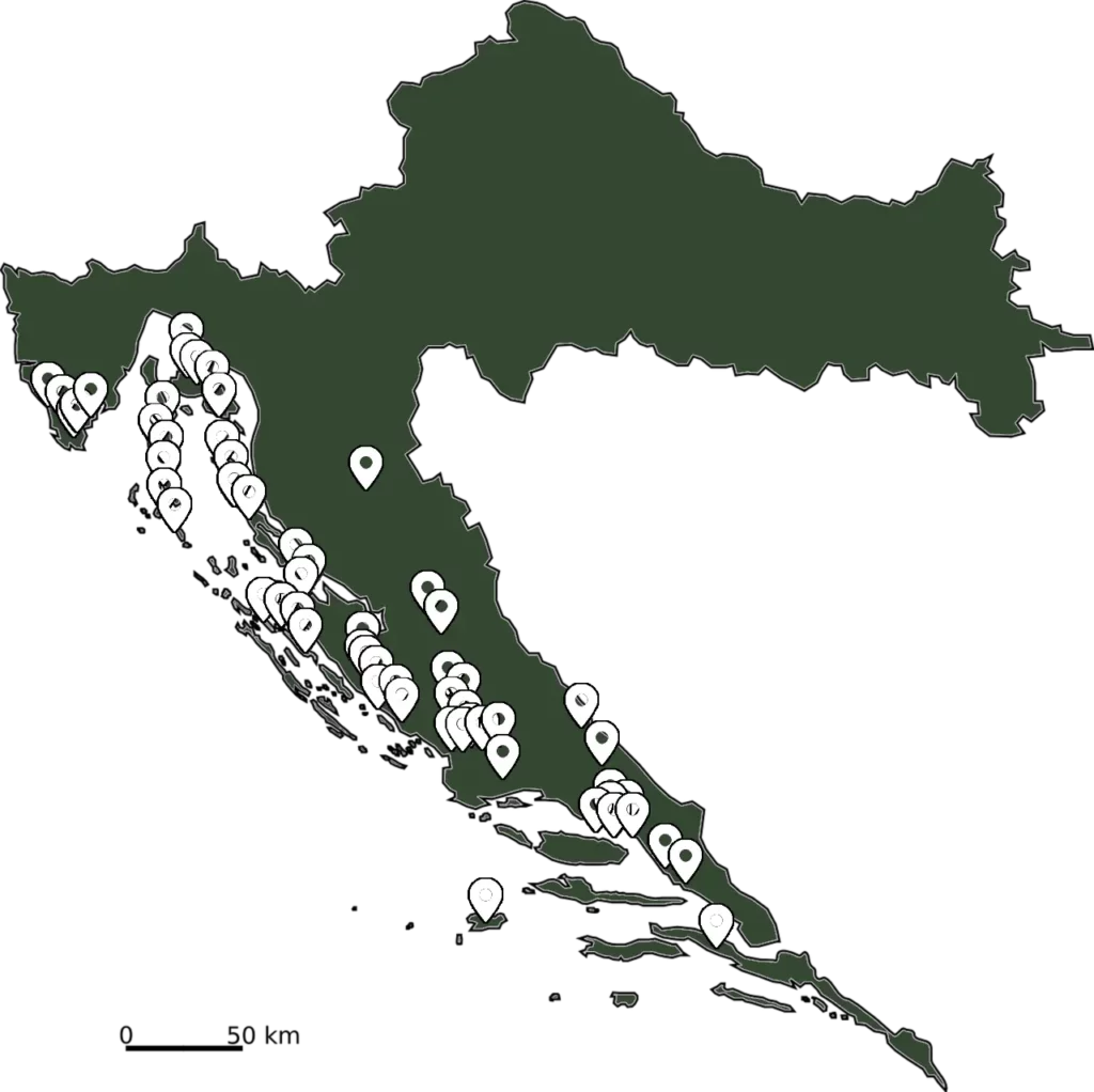 Karte mit dem Verbreitungsgebiet der Balkan-Zornnatter in Kroatien