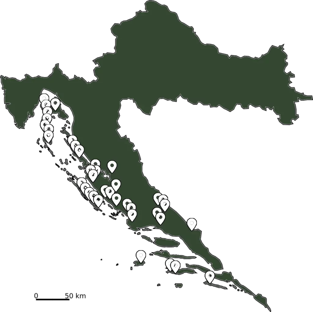 Karte mit dem Verbreitungsgebiet der Östlichen Eidechsennatter in Kroatien