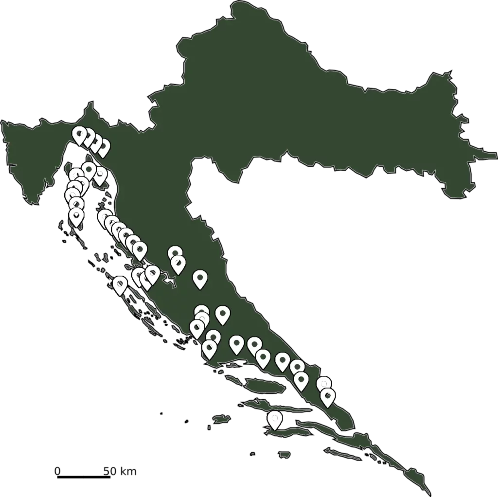 Karte mit dem Verbreitungsgebiet der Leopardnatter in Kroatien