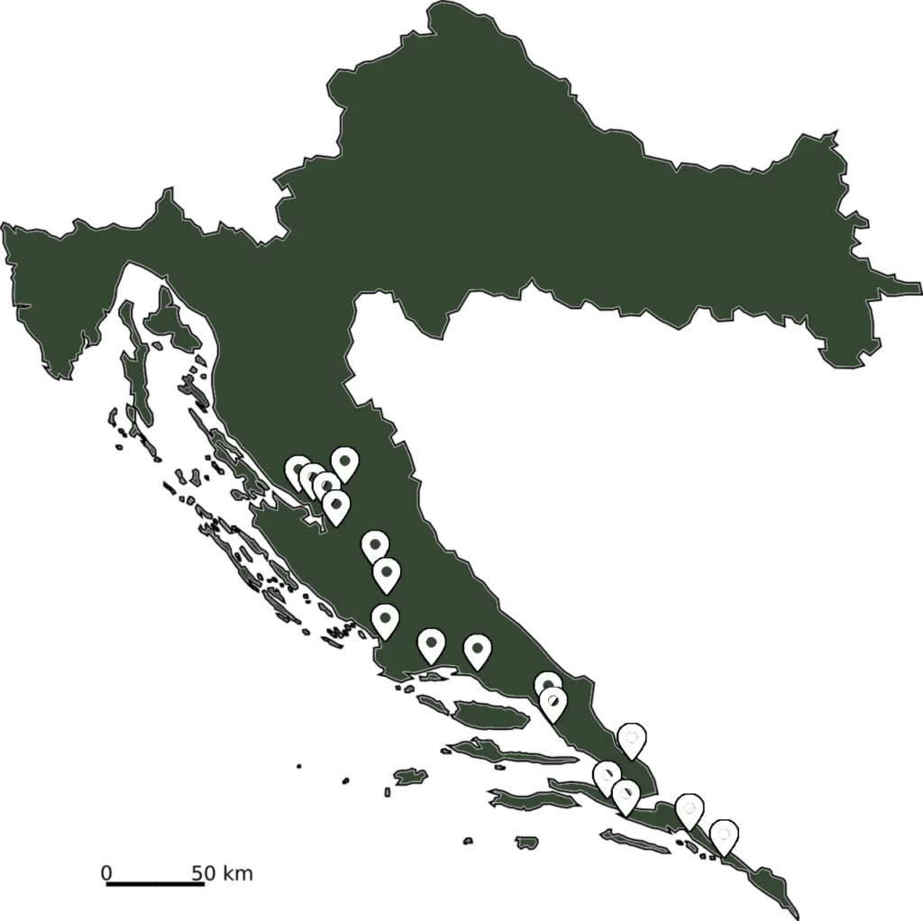 Karte mit dem Verbreitungsgebiet der Schlanknatter in Kroatien