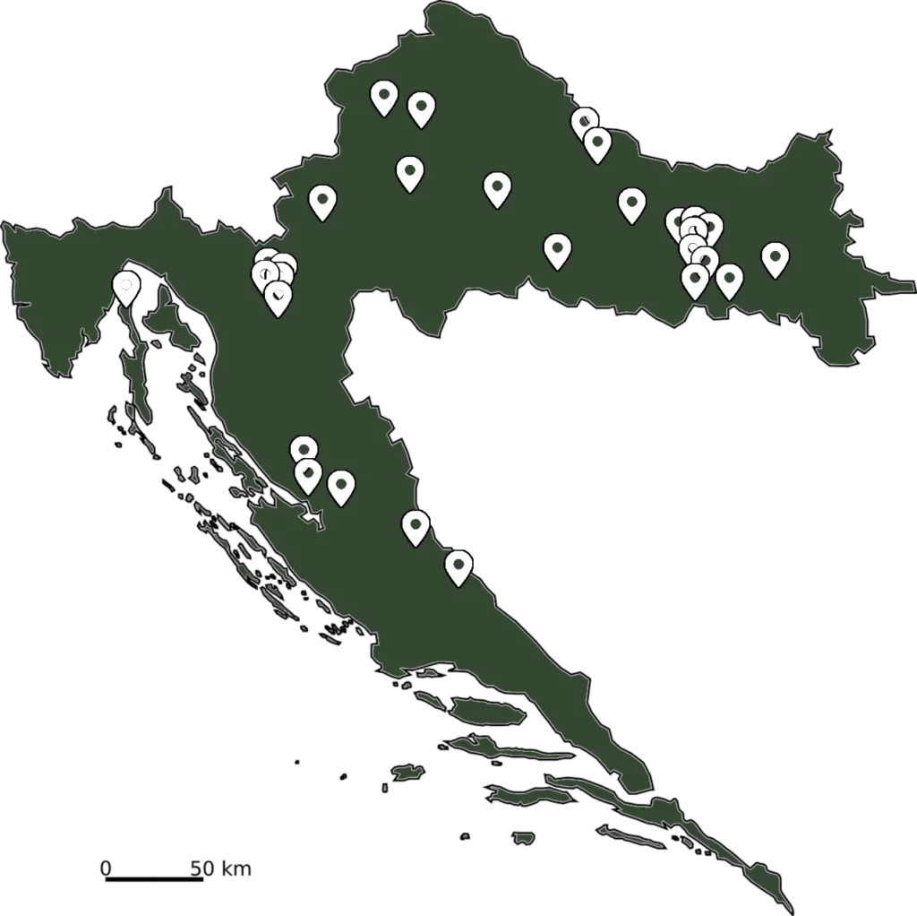 Karte mit dem Verbreitungsgebiet der Schlingnatter in Kroatien