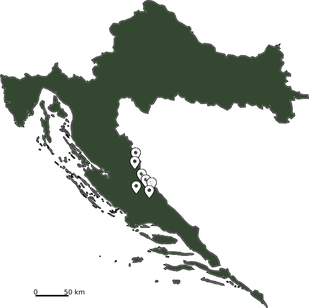 Karte vom Verbreitungsgebiet der Wiesenotter in Kroatien